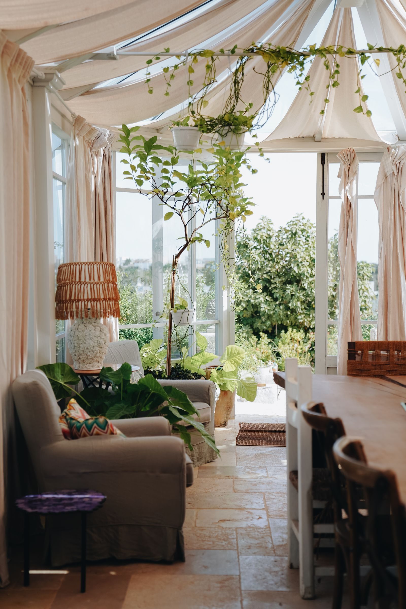 Conservatory interior with fabric roof blinds